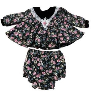 Vintage 80s Jo Lene Baby Dress Set 12M Floral Black Velvet Lace Collar Bloomers